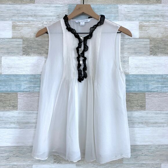 Diane Von Furstenberg Betsy Silk Tuxedo Blouse Black Ivory Sheer Ruffle Womens 8 - Picture 2 of 11